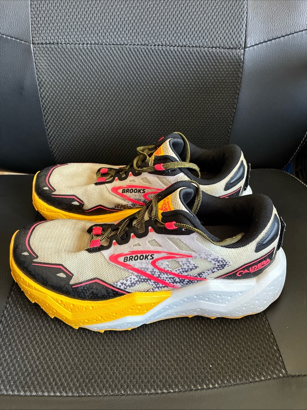 Brooks Caldera 7 Women Size 7 Trail Running Shoes Grey Yellow Pink 1204041B09